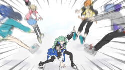 Rule 34 | 2boys, 3girls, aoyagi touya, aqua hair, aqua jacket, arm up, azusawa kohane, bare legs, black footwear, black jacket, black leggings, black pants, black thighhighs, blue hair, blue jacket, blue skirt, casual, clothes writing, colored shoe soles, commentary, cross-laced footwear, dark blue hair, drawstring, emphasis lines, faceless, faceless female, facing another, facing to the side, floating hair, full body, gradient hair, grey footwear, grey jacket, hat, unworn hat, hatsune miku, unworn headwear, hood, hood down, hooded jacket, jacket, leggings, legs apart, letterman jacket, light blue hair, light brown hair, long hair, long sleeves, low twintails, midair, mikeimikei, motion blur, multicolored clothes, multicolored hair, multicolored jacket, multiple boys, multiple girls, open clothes, open jacket, orange hair, outstretched arms, pants, pink jacket, pleated skirt, pose request, project sekai, shinonome akito, shiraishi an, shirt, shoe soles, shoes, short hair, shorts, simple background, skirt, sneakers, split-color hair, streetwear, thighhighs, twintails, two-sided fabric, two-sided jacket, two-tone footwear, two-tone hair, two-tone jacket, vivid bad squad (project sekai), vivid bad squad miku, vocaloid, wavy hair, white background, white footwear, white jacket, white shorts, white skirt, yellow jacket, yellow shirt