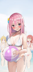 Rule 34 | 4girls, bad id, bad pixiv id, ball, beachball, bikini, blue eyes, blush, bocchi the rock!, breasts, breasts apart, collarbone, commentary request, cowboy shot, cube hair ornament, gotoh hitori, groin, hair between eyes, hair ornament, highres, holding, holding ball, holding beachball, ijichi nijika, kita ikuyo, looking at viewer, medium breasts, multiple girls, open mouth, pink hair, rouka (akatyann), selfie stick, solo focus, standing, swimsuit, wading, water, wet, white bikini, yamada ryo