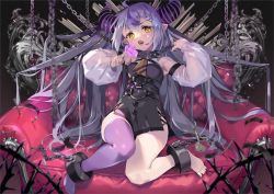 Rule 34 | 1girl, armchair, black dress, braid, chain, chair, cuffs, detached sleeves, dress, fang, full body, hololive, horns, la+ darknesss, long hair, looking at viewer, multicolored hair, necktie, open mouth, oswald musashi, pointy ears, purple hair, purple thighhighs, shackles, sidelocks, single thighhigh, sitting, solo, streaked hair, striped horns, striped necktie, thigh gap, thighhighs, tongue, very long hair, virtual youtuber, yellow eyes