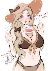Rule 34 | 2girls, alternate costume, annette fantine dominic, bad id, bad twitter id, bambi (cozybambii), between breasts, bikini, blonde hair, blue eyes, bow, breast hold, breasts, brown bikini, cleavage, drink, drinking, english text, fire emblem, fire emblem: three houses, fire emblem heroes, hair bow, hair over shoulder, hat, hat bow, highres, long hair, looking at viewer, mercedes von martritz, multiple girls, nintendo, official alternate costume, open mouth, smile, sun hat, swimsuit