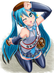 Rule 34 | 00s, 1girl, absurdres, aqua hair, blush, detached sleeves, hatsune miku, highres, kazu-chan, kneeling, matching hair/eyes, mushroom, necktie, one eye closed, open mouth, pleated skirt, simple background, skirt, solo, twintails, vocaloid, wink