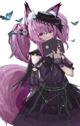 Rule 34 | 1girl, animal ear fluff, animal ears, arknights, book, closed mouth, clothing cutout, commentary, dress, hair between eyes, hand up, highres, holding, holding book, looking at viewer, open book, puffy short sleeves, puffy sleeves, purple dress, purple hair, red eyes, shamare (arknights), short sleeves, shoulder cutout, simple background, solo, tail, twintails, white background, yuki (nanao yuki)