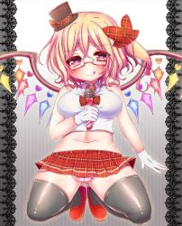 Rule 34 | 1girl, :q, bespectacled, black thighhighs, blush, cosplay, flandre scarlet, glasses, hat, heart, heart-shaped pupils, idol, matasabuyarou, microphone, microskirt, mini hat, mini top hat, naughty face, navel, panties, pantyshot, red-framed eyewear, side ponytail, skirt, sleeveless, solo, squatting, striped clothes, striped panties, symbol-shaped pupils, thighhighs, tongue, tongue out, top hat, touhou, underwear, wings