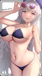 Rule 34 | 1girl, :d, adjusting eyewear, akira shiun, arm up, artist name, azur lane, bare shoulders, bikini, blue bow, blush, bow, breasts, cleavage, collarbone, commentary request, cowboy shot, eyewear on head, grey eyes, hair bow, hair intakes, hand up, highres, jewelry, large breasts, long hair, looking at viewer, navel, necklace, official alternate costume, open mouth, silver hair, simple background, smile, solo, sunglasses, swimsuit, very long hair, vittorio veneto (azur lane), vittorio veneto (the flower of la spezia) (azur lane), white background
