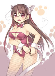 Rule 34 | 1girl, animal ears, arima senne, breasts, brown hair, cat ears, cat girl, cat tail, cleavage, female focus, fishnet pantyhose, fishnets, glasses, kashiwamochi yomogi, kemonomimi mode, kittysuit, long hair, mole, mole on breast, nontraditional playboy bunny, original, pantyhose, red eyes, solo, sweat, tail, white background