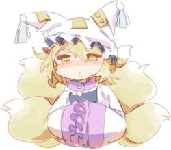 Rule 34 | 1girl, animal ears, blonde hair, cropped torso, dress, fox ears, fox tail, hands in opposite sleeves, hat, long sleeves, mob cap, multiple tails, short hair, simple background, sketch, solo, tabard, tail, touhou, upper body, v-shaped eyebrows, white background, white dress, yakumo ran, yellow eyes, zuomerika