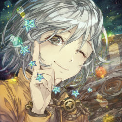 Rule 34 | 1boy, ;), aiguillette, closed mouth, commentary, english commentary, index finger raised, jari (jyarijyari999), long sleeves, looking at viewer, male focus, one eye closed, original, planet, portrait, smile, solo, sparkle, star (symbol), white hair