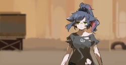 Rule 34 | 1girl, animal ears, arknights, black shirt, blood, blue hair, blurry, cat ears, chinese commentary, depth of field, extra ears, green eyes, highres, jessica (arknights), looking at viewer, multicolored hair, pink hair, ponytail, shinnasuka025, shirt, solo, streaked hair, torn clothes, torn shirt, upper body