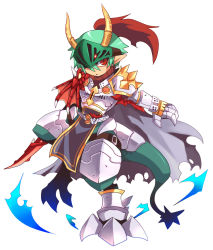 Rule 34 | 1boy, armor, cherry blossoms, commentary request, dragon boy, dragon tail, emon-yu, full body, gauntlets, green hair, hair between eyes, holding, holding sword, holding weapon, horns, leg armor, looking at viewer, male focus, open mouth, pauldrons, plume, pointy ears, ragnarok online, red eyes, rune knight (ragnarok online), short hair, shoulder armor, simple background, solo, spiked pauldrons, sword, tail, visor (armor), weapon, white background