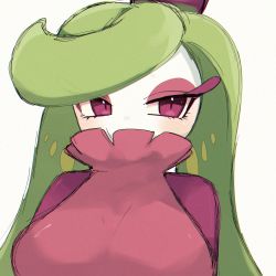 Rule 34 | 1girl, blush, breasts, colored skin, covered mouth, creatures (company), female focus, game freak, gen 7 pokemon, green hair, half-closed eyes, highres, large breasts, long hair, looking to the side, monster girl, multicolored skin, nintendo, plant girl, pokemon, pokemon (creature), purple eyes, purple skin, shuri (pixiv 12750616), simple background, sketch, solo, swept bangs, tsareena, two-tone skin, upper body, white background, white skin