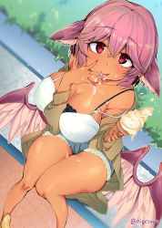 Rule 34 | 1girl, alternate costume, animal ears, arm between breasts, ase (nigesapo), bare legs, beige jacket, bird ears, bird girl, bird wings, black bra, blush, bra, bra peek, bra strap, breasts, casual, cleavage, collarbone, contemporary, curvy, dark-skinned female, dark skin, dripping, eating, food, foreshortening, from above, grass, gyaru, hair between eyes, hand to own mouth, high heels, holding, holding food, ice cream, ice cream cone, ice cream cone spill, jacket, lace, lace bra, large breasts, licking, licking finger, looking at viewer, medium hair, mystia lorelei, off shoulder, open clothes, open jacket, open mouth, outdoors, pigeon-toed, pink eyes, pink hair, shirt, short shorts, shorts, sidelocks, signature, sitting, skindentation, smile, solo, suggestive fluid, tan, tank top, thick thighs, thighs, tongue, touhou, underwear, white shirt, wings, yellow footwear