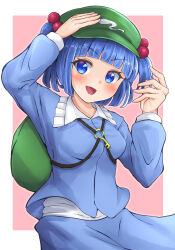 Rule 34 | 1girl, :d, arm up, backpack, bag, blue eyes, blue hair, blue skirt, blunt bangs, blush, border, breasts, frilled shirt collar, frills, green hat, hair bobbles, hair ornament, hands up, hat, highres, houri sh, kawashiro nitori, key, long sleeves, looking at viewer, medium breasts, open mouth, pink background, shirt, skirt, smile, solo, touhou, two side up, upper body, v-shaped eyebrows, white border