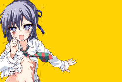 Rule 34 | 1girl, :d, blue eyes, blue hair, breasts, burn scar, dorei to no seikatsu ~teaching feeling~, dress shirt, hair ornament, hair ribbon, hairclip, heart, heart-shaped pupils, long hair, looking at viewer, matching hair/eyes, motion lines, naked shirt, necktie, open clothes, open mouth, open shirt, ribbon, running, scar, shirt, simple background, small breasts, smile, solo, striped necktie, striped neckwear, sylvie (dorei to no seikatsu), symbol-shaped pupils, testa, unbuttoned, upper body, yellow background