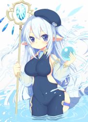 Rule 34 | 1girl, breasts, commentary, covered navel, crystal, detached sleeves, elf, hat, large breasts, long hair, looking at viewer, mofuaki, orb, original, pointy ears, purple eyes, silver hair, skin tight, solo, staff, two side up, wading, water