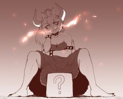 Rule 34 | 1girl, ? block, barefoot, bowsette, breath weapon, breathing fire, collar, crown, dress, evil grin, evil smile, feet, female focus, fire, grin, highres, horns, looking at viewer, mario (series), monochrome, nintendo, sakifox, sitting, smile, solo, spiked collar, spikes, spread legs, super crown, toes