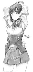 Rule 34 | 10s, 1girl, armpit cutout, armpits, arms behind head, blunt bangs, bow, clothing cutout, commentary request, dated, greyscale, koutetsujou no kabaneri, looking at viewer, monochrome, mumei (kabaneri), shirt, sigama, sketch, skirt, solo, thighhighs, thighs, translation request