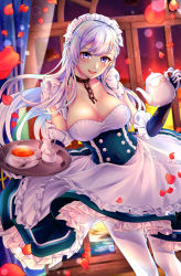 Rule 34 | 1girl, :d, apron, azur lane, belfast (azur lane), blue eyes, blurry, blurry background, blush, braid, breasts, chain, cleavage, cloud, collar, collarbone, corset, cup, curtains, day, dress, evening, floating hair, french braid, frilled gloves, frills, gloves, head tilt, highres, holding, holding teapot, holding tray, indoors, irokiiro, jug (bottle), large breasts, light particles, long hair, looking at viewer, maid, maid headdress, ocean, open mouth, orange sky, pantyhose, petals, saucer, sidelocks, silver hair, skindentation, sky, smile, solo, spoon, sunlight, teacup, teapot, tray, white gloves, white pantyhose, wind, wind lift, window