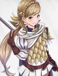 Rule 34 | 1girl, armor, blonde hair, blue cape, braid, brown gloves, cape, fire emblem, fire emblem heroes, french braid, gloves, green eyes, hair ornament, highres, long hair, looking at viewer, miniskirt, nintendo, polearm, scale armor, sharena (fire emblem), simple background, skirt, smile, solo, tark1122, v, weapon, x hair ornament