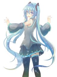 Rule 34 | 1girl, blue eyes, blue hair, blush, detached sleeves, fang, hair between eyes, hatsune miku, highres, kazenoko, long hair, looking at viewer, looking back, matching hair/eyes, open mouth, outstretched hand, shirt, simple background, skirt, solo, thighhighs, twintails, very long hair, vocaloid, white background, zettai ryouiki