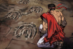 Rule 34 | 1boy, black hair, footprints, from behind, full body, headband, horseshoe print, hungry clicker, kneeling, male focus, muscular, muscular male, on one knee, outdoors, pants, red headband, ryu (street fighter), sandals, sash, short hair, single bare shoulder, solo, street fighter, street fighter 6, white pants
