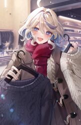 Rule 34 | 1girl, absurdres, alternate costume, black skirt, black sweater, blue hair, blush, brown coat, casual, coat, colored inner hair, dasha, furina (genshin impact), genshin impact, grey hair, grey sweater, heterochromia, highres, holding, holding clothes hanger, indoors, looking at viewer, mismatched pupils, multicolored hair, open mouth, pleated skirt, red scarf, scarf, skirt, solo, streaked hair, sweater