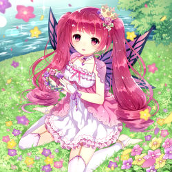 Rule 34 | 1girl, blush, butterfly wings, crown, firiaria, flower, grass, insect wings, kidatsu! dungeons lord, long hair, looking at viewer, original, outdoors, red eyes, red hair, sitting, smile, solo, twintails, wasabi (sekai), water, wings