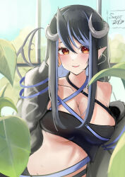 Rule 34 | 1girl, absurdres, arm behind head, bandeau, belt, black bandeau, black belt, black hair, black jacket, blue belt, blue hair, blush, breasts, brown eyes, chest belt, cleavage, closed mouth, collarbone, commentary request, curled horns, demon girl, demon horns, demon tail, grey horns, hair between eyes, hebiyoi tier, hebiyoi tier (1st costume), highres, higimixy, horns, jacket, large breasts, long hair, long sleeves, multicolored hair, nanashi inc., off shoulder, open clothes, open jacket, pointy ears, sidelocks, smile, snake bite, solo, sugar lyric, tail, two-tone hair, underboob, upper body, virtual youtuber
