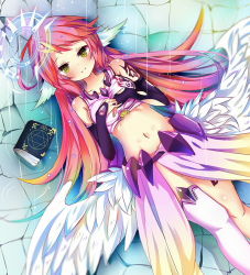 Rule 34 | 10s, 1girl, angel wings, blush, book, breasts, spiked halo, eiba, feathered wings, gloves, halo, jibril (no game no life), long hair, looking at viewer, low wings, lying, magic circle, medium breasts, midriff, multicolored hair, navel, no game no life, on back, pink hair, smile, solo, symbol-shaped pupils, tattoo, thighhighs, white wings, wing ears, wings, yellow eyes
