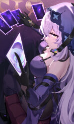 Rule 34 | 1girl, absurdres, arm strap, black gloves, black swan (honkai: star rail), breasts, card, commentary request, czk, dress, elbow gloves, gloves, highres, holding, holding card, honkai: star rail, honkai (series), large breasts, long hair, looking at viewer, purple dress, purple eyes, purple hair, sitting, sleeveless, sleeveless dress, smile, solo, veil, very long hair