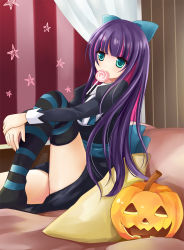Rule 34 | 10s, 1girl, bad id, bad pixiv id, candy, colored inner hair, food, green eyes, hair ribbon, halloween, jack-o&#039;-lantern, long hair, multicolored hair, nikoo, panty &amp; stocking with garterbelt, pillow, pumpkin, ribbon, sitting, solo, stocking (psg), striped clothes, striped thighhighs, thighhighs, two-tone hair