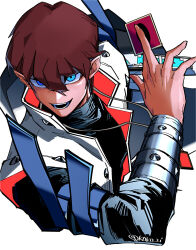 Rule 34 | 1boy, black sweater, blue eyes, brown hair, card, coat, duel disk, highres, holding, holding card, jewelry, kaiba seto, kokusoji, long sleeves, looking at viewer, male focus, necklace, open mouth, simple background, solo, sweater, twitter username, upper body, white background, white coat, yu-gi-oh!, yu-gi-oh! gx