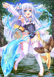 Rule 34 | 1girl, :d, arm up, baikamo (flower knight girl), bird, blue eyes, bow, covered navel, crop top, detached sleeves, fish, flower, flower knight girl, frilled thighhighs, frills, full body, hair bow, hair flower, hair ornament, hydrokinesis, jug (bottle), long hair, looking at viewer, multicolored bow, open mouth, school swimsuit, silver hair, smile, solo, standing, swimsuit, thighhighs, tree, twitter username, two side up, umarutsufuri, water, white thighhighs
