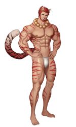 Rule 34 | 1boy, abs, absurdres, animal ears, bara, bead necklace, beads, beard, bulge, commission, facial hair, full body, fundoshi, hands on own hips, highres, japanese clothes, jewelry, large pectorals, male focus, male underwear, mature male, muscular, muscular male, navel, necklace, nipples, orange hair, original, pectorals, short hair, smile, solo, stomach, tail, thick thighs, thighs, tiger boy, tiger ears, tiger stripes, tiger tail, underwear, underwear only, white male underwear, won (won uom)