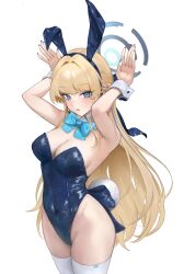 Rule 34 | 1girl, animal ears, arc2urus, armpit crease, armpit peek, armpits, arms up, bare shoulders, blonde hair, blue archive, blue bow, blue bowtie, blue eyes, blue halo, blue leotard, blue nails, blue necktie, bow, bowtie, braid, breasts, cleavage, commentary, covered navel, cowboy shot, fake animal ears, fake tail, fingernails, hair bow, half up braid, halo, highleg, highleg leotard, highres, large breasts, leotard, long fingernails, long hair, looking at viewer, nail polish, necktie, playboy bunny, rabbit ears, rabbit pose, rabbit tail, revision, simple background, solo, strapless, strapless leotard, tail, thighhighs, toki (blue archive), toki (bunny) (blue archive), white background, white thighhighs, white wrist cuffs, wrist cuffs