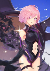 Rule 34 | 1girl, :o, armor, armored dress, bare legs, bare shoulders, bird, black gloves, black leotard, blurry, blush, breasts, clothing cutout, cowboy shot, crow, depth of field, detached sleeves, elbow gloves, eyes visible through hair, fate/grand order, fate (series), feathers, female focus, gloves, gradient background, hair over one eye, large breasts, legband, legs, leotard, light purple hair, looking at viewer, mash kyrielight, multicolored clothes, multicolored gloves, navel, navel cutout, neck, open mouth, purple eyes, purple gloves, purple hair, ranyu kuro, shield, short hair, sleeveless, sleeveless leotard, solo, sparkle, standing, thigh strap, thighs, torn clothes, torn gloves, type-moon