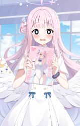 Rule 34 | 1girl, angel wings, black scrunchie, blue archive, blush, book, capelet, crescent, crescent pin, dress, feathered wings, hair bun, halo, highres, holding, holding book, indoors, kurumi lm, long hair, looking at viewer, mika (blue archive), open mouth, pink hair, pink halo, scrunchie, single side bun, solo, white capelet, white dress, white wings, wings, wrist scrunchie