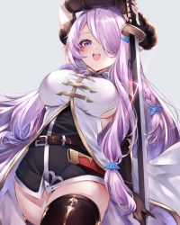 Rule 34 | 40 (0f0urw), absurdres, black gloves, breasts, demon horns, draph, gloves, granblue fantasy, hair over one eye, highres, horns, large breasts, light purple hair, low tied hair, narmaya (granblue fantasy), pointy ears, shorts, sword, thighhighs, weapon