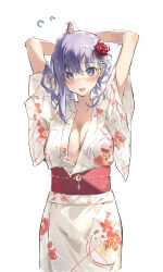 Rule 34 | 1girl, :d, absurdres, arms up, blue eyes, blush, breasts, cleavage, cowboy shot, fate/stay night, fate (series), floral print, flower, flying sweatdrops, hair flower, hair ornament, highres, japanese clothes, kimono, large breasts, long hair, long sleeves, looking at viewer, matou sakura, obi, open mouth, print kimono, purple hair, red flower, sash, shigure (shigure 43), simple background, smile, spider lily, tying hair, white background, white kimono, wide sleeves, yukata