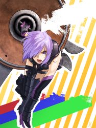 Rule 34 | 1girl, amino (tn7135), armor, armored dress, bow, fate/grand order, fate (series), gloves, hair over one eye, holding, holding shield, holding weapon, looking at viewer, mash kyrielight, open mouth, purple eyes, purple hair, running, shield, short hair, solo, weapon