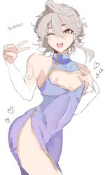 Rule 34 | 1boy, ;d, alternate costume, bare shoulders, chinese clothes, clothing cutout, corrin (fire emblem), corrin (male) (fire emblem), crossdressing, eyebrows, fire emblem, fire emblem fates, hair between eyes, hand gesture, hand up, heart, heart cutout, highres, male focus, nintendo, nipples, one eye closed, open mouth, red eyes, short hair, silver hair, simple background, single sidelock, sketch, sleeveless, smile, solo, standing, thighhighs, trap, v, w (1999 kyu), white background