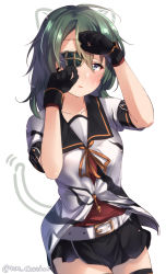 Rule 34 | 1girl, animal ears, bad id, bad pixiv id, black gloves, black sailor collar, black skirt, cat ears, cat tail, commentary request, cosplay, cowboy shot, eyepatch, gloves, green eyes, green hair, juurouta, kantai collection, kiso (kancolle), looking at viewer, pleated skirt, sailor collar, school uniform, serafuku, short hair, simple background, skirt, solo, standing, tail, tama (kancolle), tama (kancolle) (cosplay), tama kai ni (kancolle), twitter username, white background