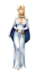 Rule 34 | 1girl, blonde hair, bracelet, breasts, cape, cleavage, covered erect nipples, dress, elbow gloves, full body, gloves, green eyes, himekishi lilia, jewelry, large breasts, leila eberwein, lipstick, long dress, long hair, looking away, makeup, official art, own hands together, simple background, smile, solo, standing, tiara, white background, white dress, white gloves, zol