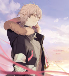 Rule 34 | 1boy, black jacket, character name, cloud, dated, floating hair, from side, fur trim, fuyuomi, green eyes, grey sweater, hair behind ear, happy birthday, holostars, jacket, jewelry, male focus, necklace, pink hair, rikka (holostars), sky, solo, sweater, upper body, virtual youtuber