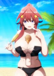 Rule 34 | 1girl, asobi night, beach, between breasts, bikini, black bikini, breasts, cross-laced bikini, cross-laced clothes, day, food, go-toubun no hanayome, high ponytail, highres, holding, holding food, holding spoon, ice cream cone, large breasts, long hair, nakano itsuki, outdoors, palm tree, purple eyes, red hair, solo, spoon, summer, swimsuit, tree, water