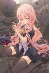 Rule 34 | 1girl, absurdres, black jacket, black thighhighs, blush, clenched hand, closed mouth, hand on own chest, highres, holding, holding wand, hxxg, jacket, long hair, looking at viewer, louise francoise le blanc de la valliere, on floor, outdoors, pink hair, pleated skirt, purple eyes, purple shirt, ruins, school uniform, shirt, sitting, skirt, solo, thighhighs, wand, wariza, zero no tsukaima