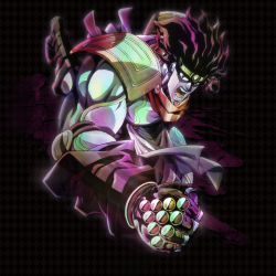Rule 34 | 1boy, armor, black hair, boots, clenched hands, elbow pads, fingerless gloves, gloves, jojo no kimyou na bouken, long hair, male focus, muscular, official art, omino masahiko, pauldrons, scarf, screaming, shoulder armor, solo, stand (jojo), star platinum, stardust crusaders