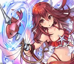 Rule 34 | 1girl, bad id, bad pixiv id, bare shoulders, bikini, breasts, cleavage, collarbone, cordelia (fire emblem), cordelia (summer) (fire emblem), dutch angle, feather hair ornament, feathers, fingerless gloves, fire emblem, fire emblem awakening, fire emblem heroes, fish, frilled bikini, frills, fujimaru (green sparrow), gloves, hair between eyes, hair ornament, long hair, navel, nintendo, open mouth, polearm, red hair, small breasts, solo, spear, swimsuit, twitter username, upper body, water, weapon