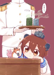 Rule 34 | 0 0, 10s, 1boy, 1girl, :&lt;, :3, absurdres, admiral (kancolle), animal, ayakashi (monkeypanch), binoculars, brown eyes, brown hair, cup, gloves, hamster, head out of frame, headgear, highres, kantai collection, military, military uniform, naval uniform, one eye closed, headpat, short hair, smile, steam, translation request, tray, uniform, yukikaze (hamster), yukikaze (kancolle), yunomi