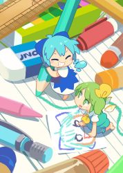 Rule 34 | 2girls, :d, ^ ^, aqua dress, ascot, barefoot, blue bow, blue dress, blue hair, blush stickers, bow, cirno, closed eyes, crayon, daiyousei, detached wings, dress, eraser, fairy wings, green eyes, green hair, grin, hair bow, highres, ice, ice wings, lined paper, looking up, mini person, minigirl, moyazou (kitaguni moyashi seizoujo), multiple girls, open mouth, paper, pencil, ruler, short hair, short sleeves, side ponytail, smile, touhou, wings, wooden pencil, yellow ascot, yellow bow