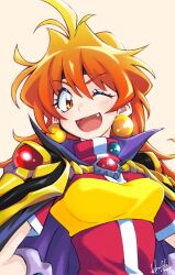 Rule 34 | 1990s (style), 1girl, ahoge, armor, black cape, breasts, cape, commentary request, earrings, fang, hands on own hips, headband, highres, hori shin, jewelry, lina inverse, long hair, looking at viewer, medium breasts, one eye closed, orange hair, red eyes, retro artstyle, shoulder armor, simple background, slayers, smile, solo, upper body, white background